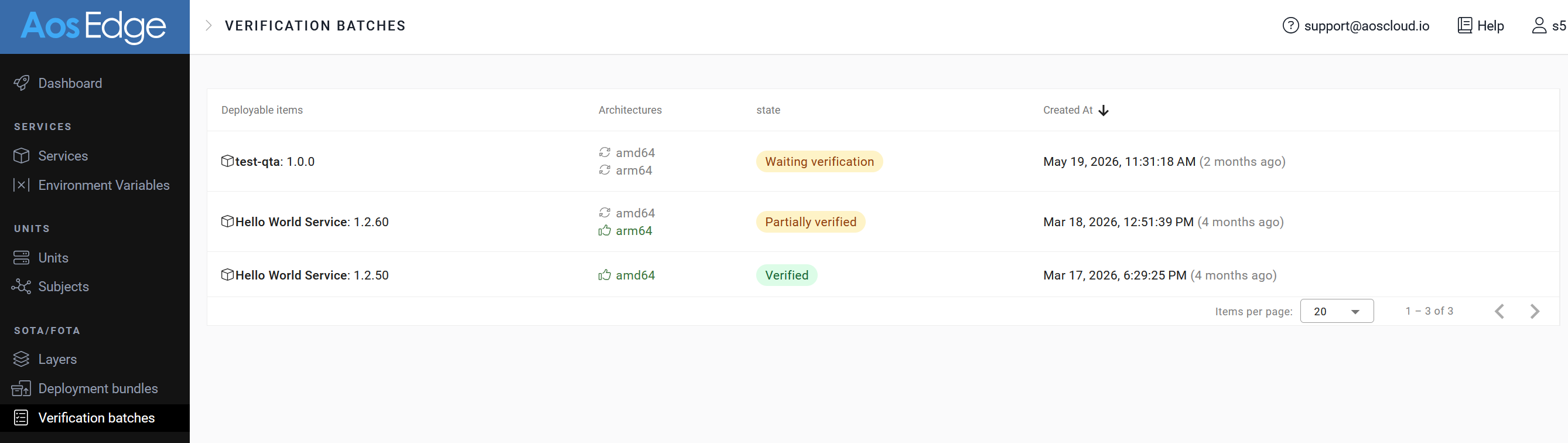 Service verification batch list
