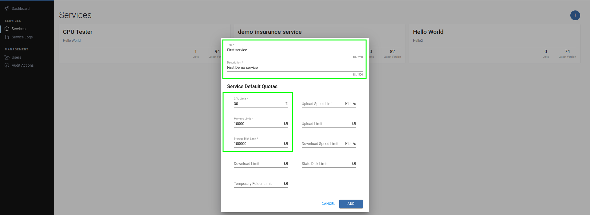 Service mandatory fields